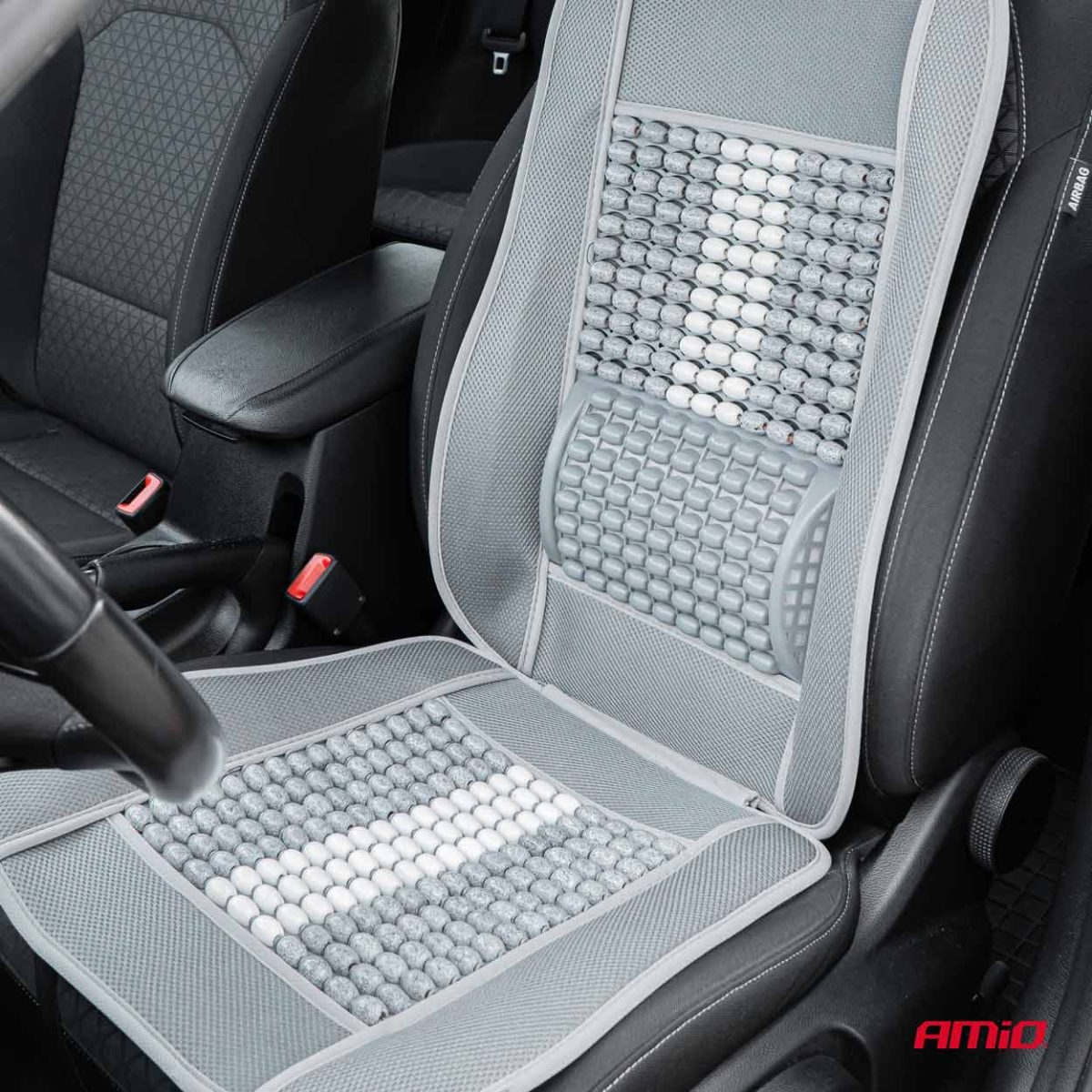Husa Scaun Auto Cu Bile De Masaj, Suport Lombar Si Tetiera, Dimensiuni 131 X 46 Cm, Culoare Gri