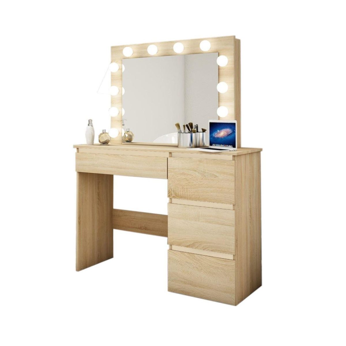 Masa De Toaleta/Machiaj + Scaun Stil Scandinav, Artool, Stejar, Cu Oglinda Si Led-Uri, 94X43X141 Cm