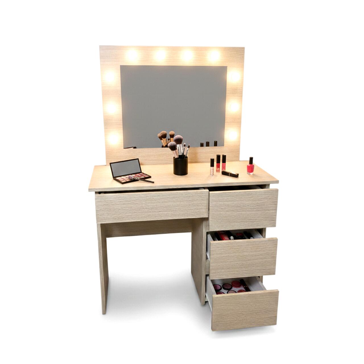 Masa de toaleta/machiaj, Irina, zebrano, cu oglinda si LED-uri, 94x43x141 cm Masa de toaleta/machiaj, Irina, zebrano, cu oglinda si LED-uri, 94x43x141 cm