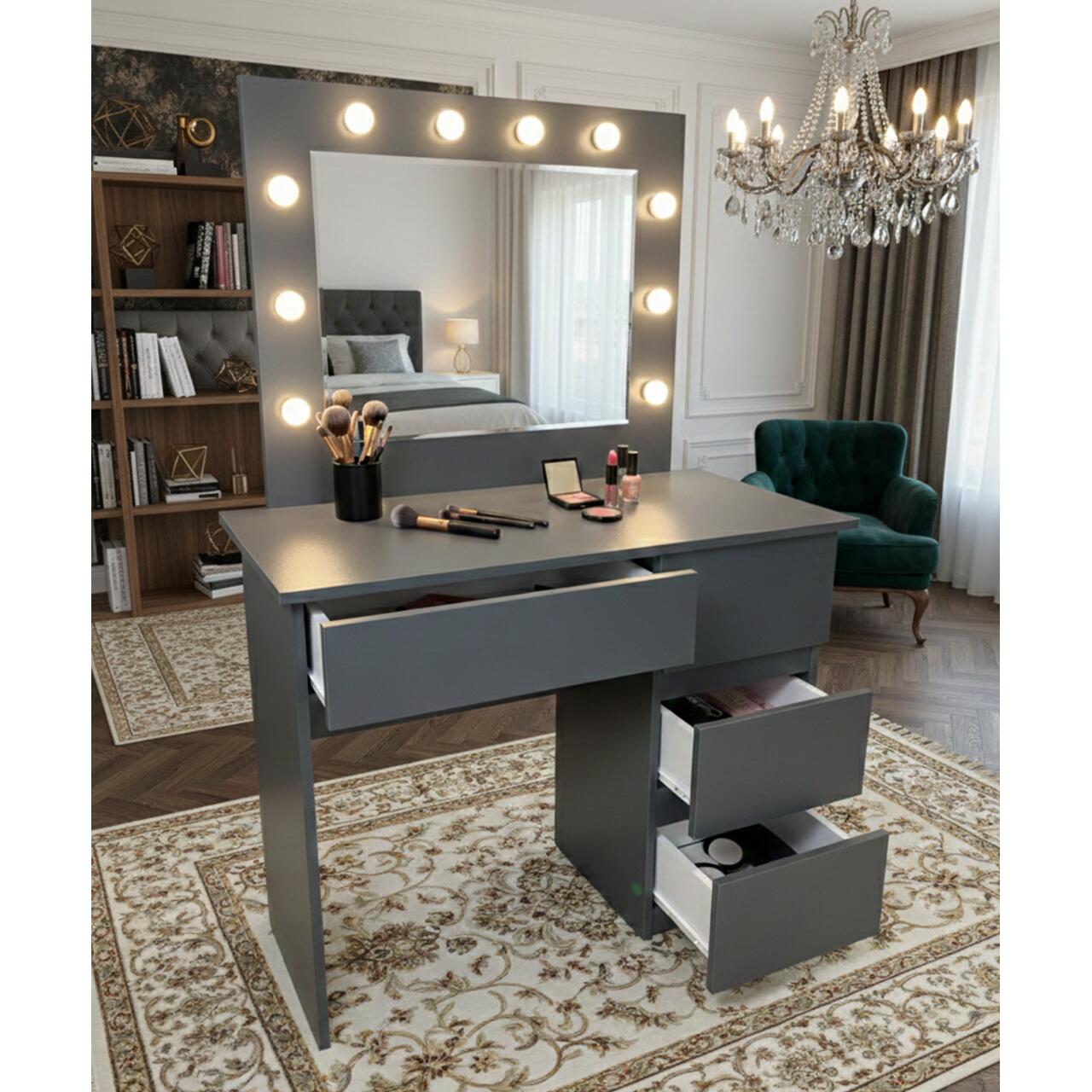 Masa de toaleta/machiaj, Irina, antracit, cu oglinda si LED-uri, 94x43x141 cm Masa de toaleta/machiaj, Irina, antracit, cu oglinda si LED-uri, 94x43x141 cm