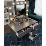 Masa de toaleta/machiaj, Irina, antracit, cu oglinda si LED-uri, 94x43x141 cm