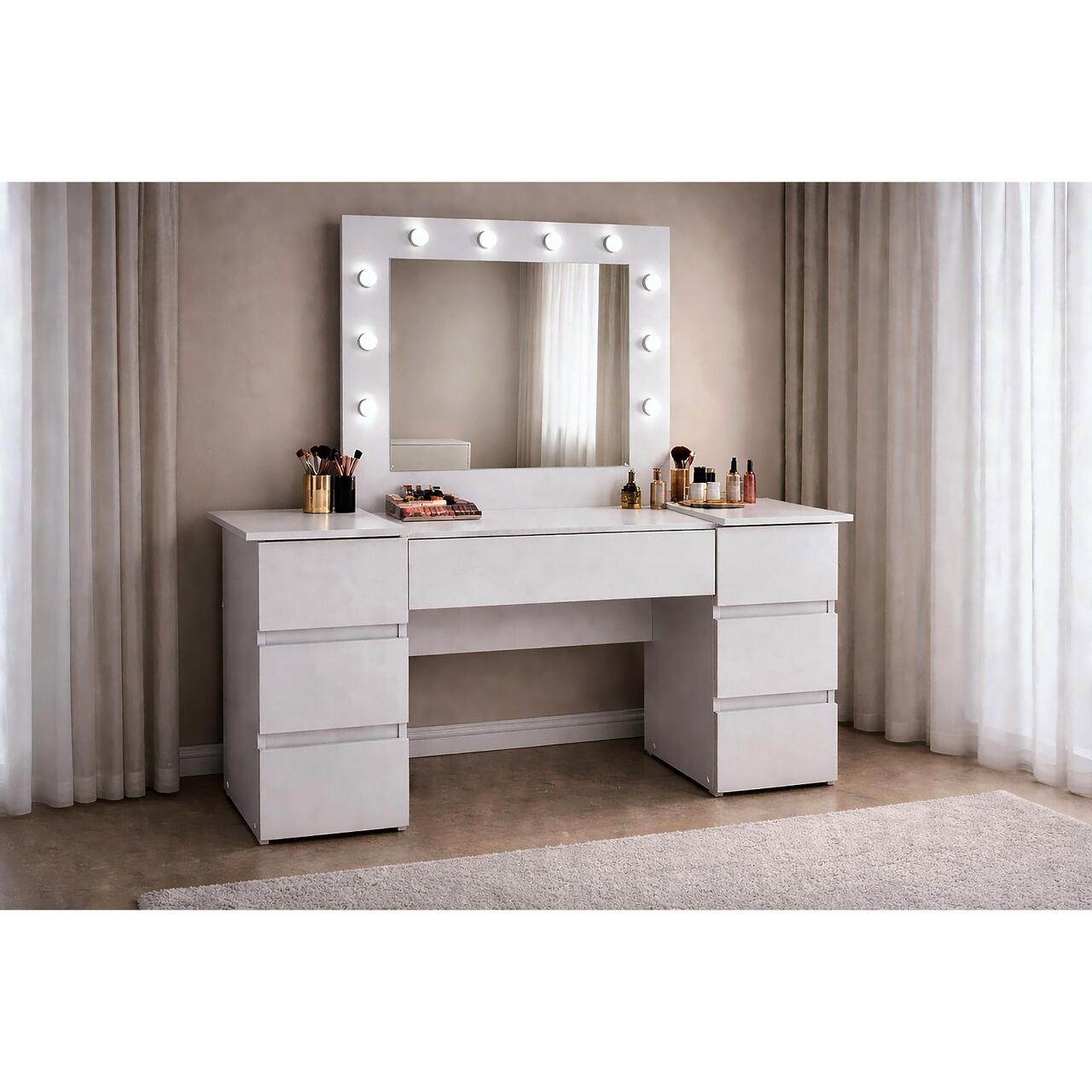 Masa de toaleta/machiaj, Antonia, gri deschis, cu oglinda si LED-uri, 155x42x135 cm Masa de toaleta/machiaj, Antonia, gri deschis, cu oglinda si LED-uri, 155x42x135 cm