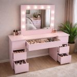 Masa de toaleta/machiaj, Antonia, roz, cu oglinda si LED-uri, 155x41x137 cm