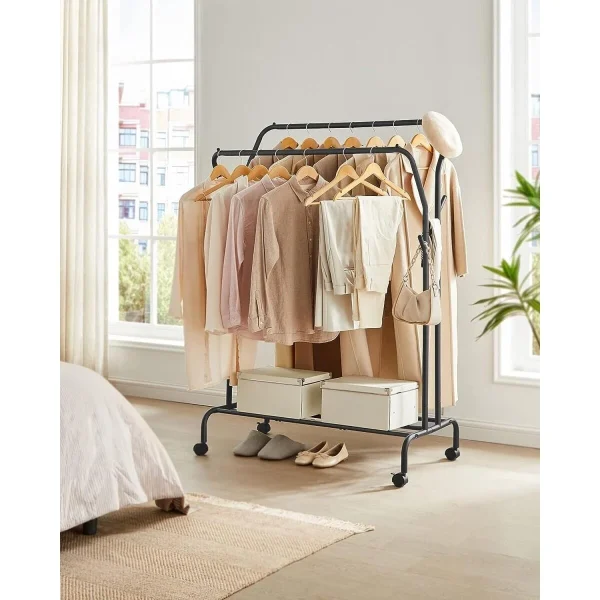 Suport mobil cu roti pentru haine, Artool, cu raft incaltaminte, otel, negru, max 100 kg, 103.5x52.5x155 cm
