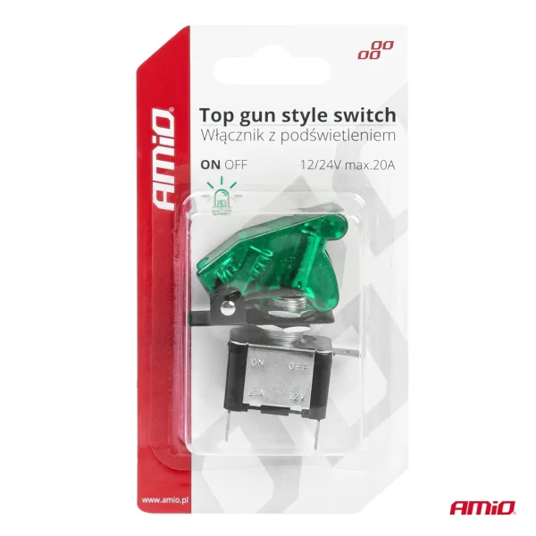 Comutator iluminat (intrerupator) cu protectie, destinatie auto, moto, ATV, SSV, Off-Road, model "TOP GUN", tensiune 12V - 24V, culoare Verde
