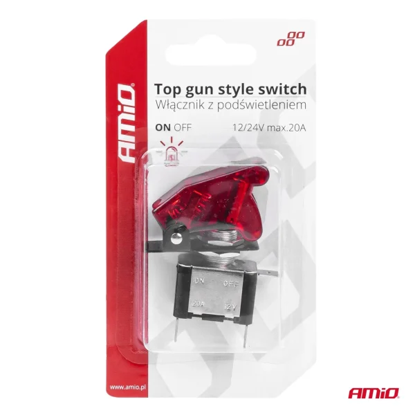 Comutator iluminat (intrerupator) cu protectie, destinatie auto, moto, ATV, SSV, Off-Road, model "TOP GUN", tensiune 12V - 24V, culoare Rosie