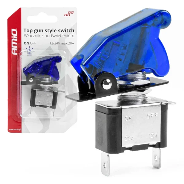 Comutator iluminat (intrerupator) cu protectie, destinatie auto, moto, ATV, SSV, Off-Road, model "TOP GUN", tensiune 12V - 24V, culoare Albastra