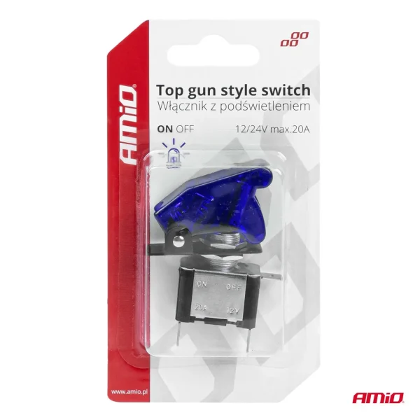 Comutator iluminat (intrerupator) cu protectie, destinatie auto, moto, ATV, SSV, Off-Road, model "TOP GUN", tensiune 12V - 24V, culoare Albastra