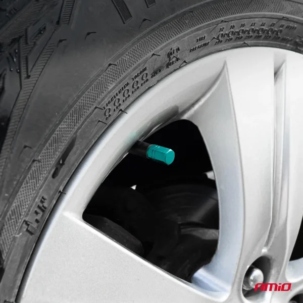 Set 4 capacele auto pentru ventil, din aluminiu, model Hexagon, culoare Verde