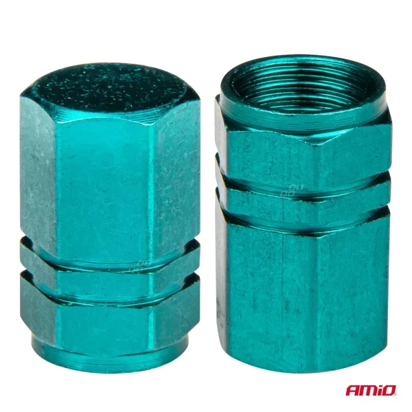 Set 4 capacele auto pentru ventil, din aluminiu, model Hexagon, culoare Verde