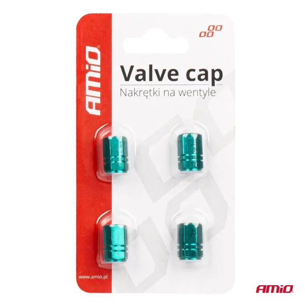 Set 4 capacele auto pentru ventil, din aluminiu, model Hexagon, culoare Verde