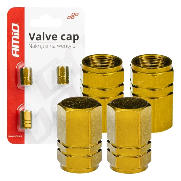 Set 4 capacele auto pentru ventil, din aluminiu, model Hexagon, culoare Galben