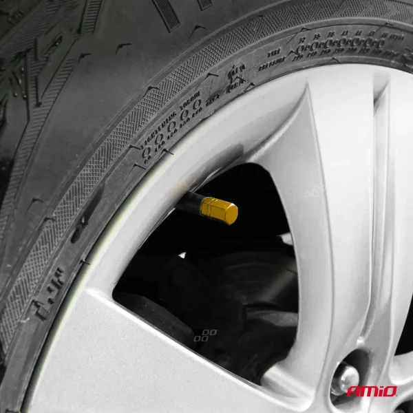 Set 4 capacele auto pentru ventil, din aluminiu, model Hexagon, culoare Galben