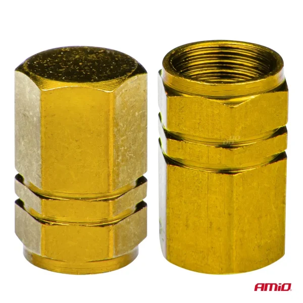 Set 4 capacele auto pentru ventil, din aluminiu, model Hexagon, culoare Galben