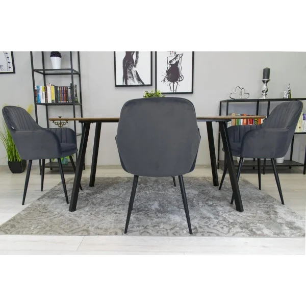 Scaun stil fotoliu bucatarie/living, Artool, Lugo, catifea gri, picioare metal negru, 57.5x56.5x86.5 cm