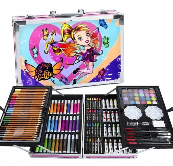 Set 145 piese pentru pictura, pentru copii sau adulti, pixuri de colorat, creioane colorate si vopsele de pictura, cu geanta de transport ROZ FLYING GIRL, model