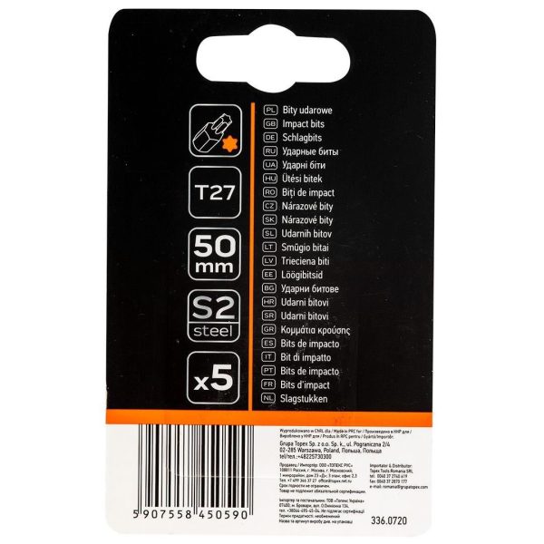 Set varfuri, biti, de impact, Torx, 1/4", 5 buc, T27x50 mm, Neo