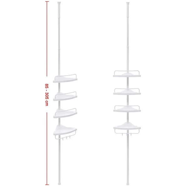 Raft pentru baie/dus, Vasagle, reglabil, inox, 4 rafturi, alb, 85-305 cm