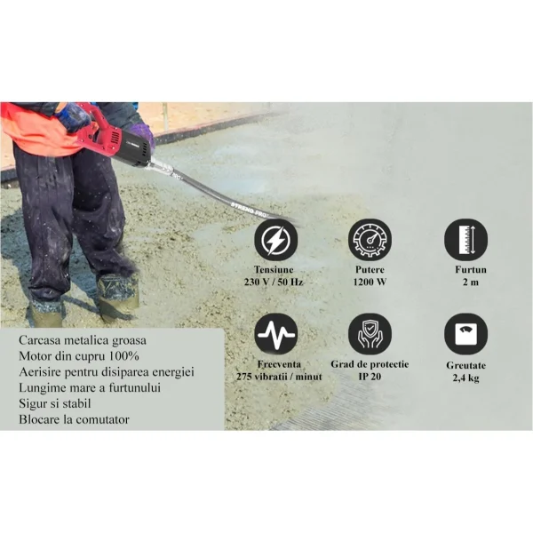 Vibrator pentru beton, 1200 W, furtun 2 m, Strend Pro