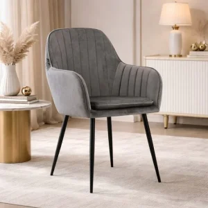 Scaun stil fotoliu bucatarie/living, Artool, Lugo, catifea gri, picioare metal negru, 57.5x56.5x86.5 cm