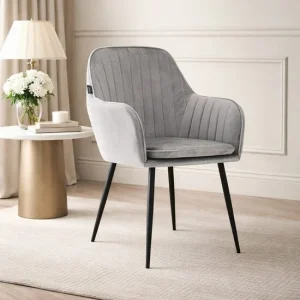 Scaun stil fotoliu bucatarie/living, Artool, Lugo, catifea argintie, picioare metal negru, 57.5x56.5x86.5 cm