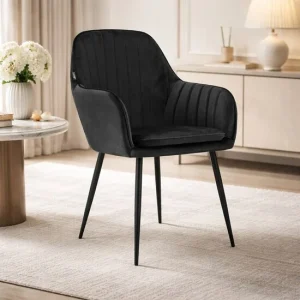 Scaun stil fotoliu bucatarie/living, Artool, Lugo, catifea neagra, picioare metal negru, 57.5x56.5x86.5 cm