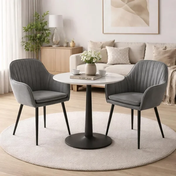 Scaun stil fotoliu bucatarie/living, Artool, Lugo, catifea gri, picioare metal negru, 57.5x56.5x86.5 cm