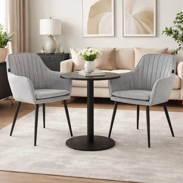 Scaun stil fotoliu bucatarie/living, Artool, Lugo, catifea argintie, picioare metal negru, 57.5x56.5x86.5 cm