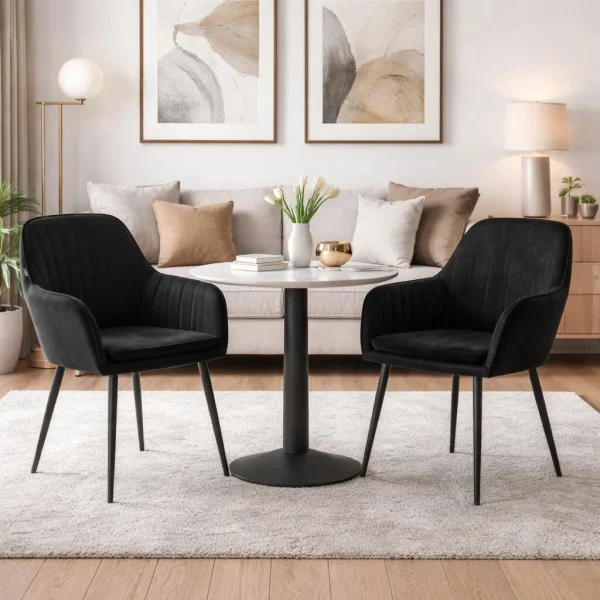 Scaun stil fotoliu bucatarie/living, Artool, Lugo, catifea neagra, picioare metal negru, 57.5x56.5x86.5 cm