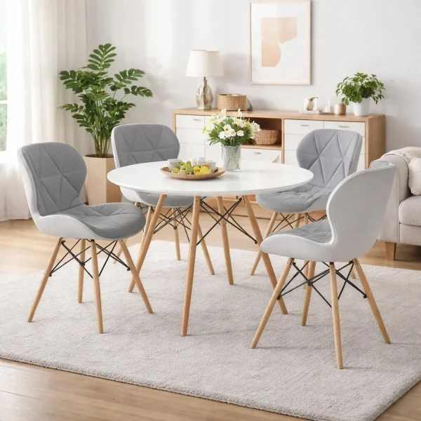 Scaun stil scandinav, Artool, Lago, piele ecologica gri si alba, picioare lemn natur, 47x52x73 cm