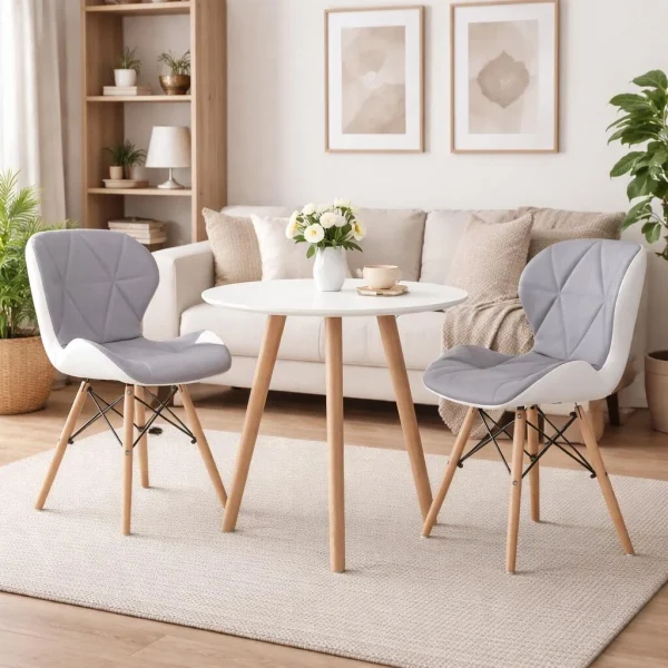 Scaun stil scandinav, Artool, Lago, piele ecologica gri si alba, picioare lemn natur, 47x52x73 cm