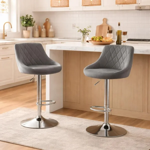 Scaun de bucatarie/bar, Artool, Kast, rotativ, catifea gri, picior metal argintiu, 45.5x49x85-105 cm