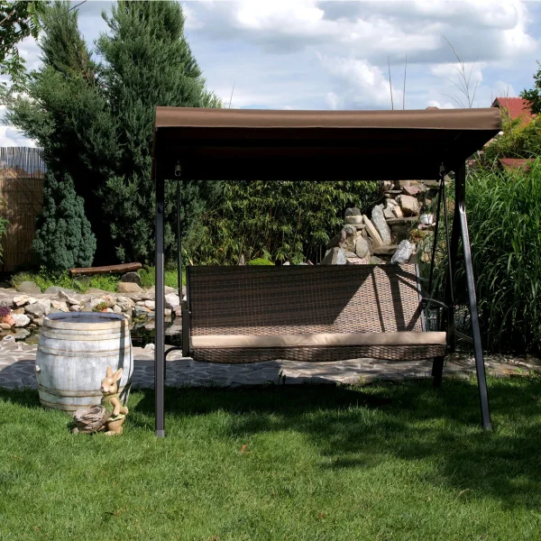 Balansoar gradina, 3 locuri, maro, ratan sintetic, 201x122x182 cm