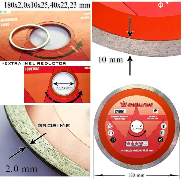 Disc diamantat continuu, placi ceramice, taiere umeda,180 mm/25.4 mm, Richmann Exclusive