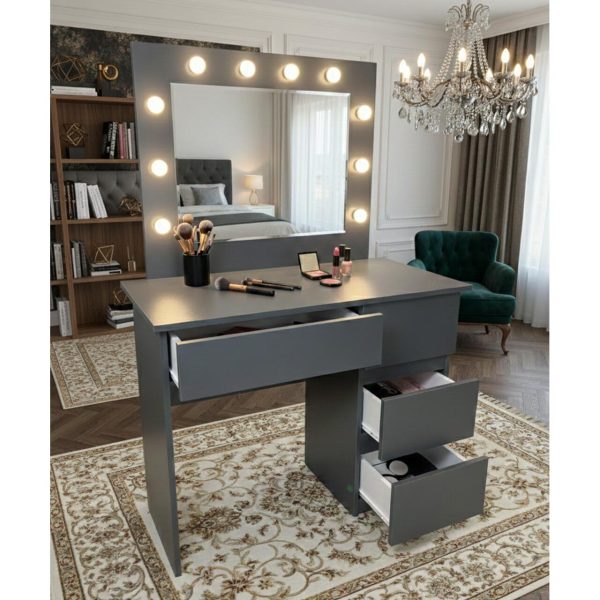 Masa de toaleta/machiaj, Irina, antracit, cu oglinda si LED-uri, 94x43x141 cm