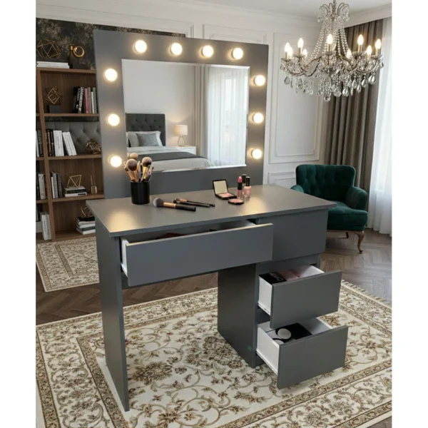 Masa de toaleta/machiaj, Irina, antracit, cu oglinda si LED-uri, 94x43x141 cm