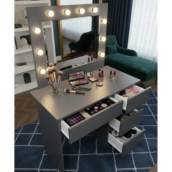 Masa de toaleta/machiaj, Irina, antracit, cu oglinda si LED-uri, 94x43x141 cm