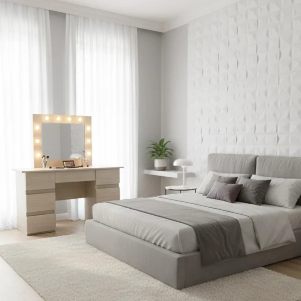 Masa de toaleta/machiaj, Vanessa, zebrano, cu oglinda si LED-uri, 130x43x143 cm