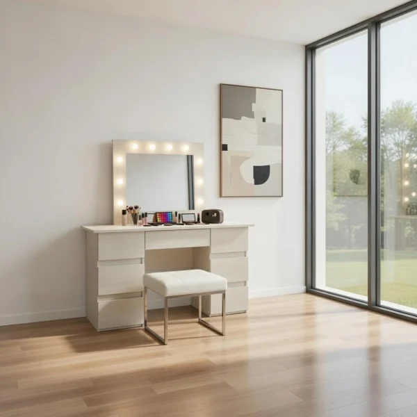 Masa de toaleta/machiaj, Vanessa, zebrano, cu oglinda si LED-uri, 130x43x143 cm