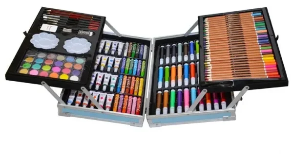 Set 145 piese pentru pictura, pentru copii sau adulti, pixuri de colorat, creioane colorate si vopsele de pictura, cu geanta de transport ALBASTRA, model AVX-WT