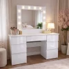 Masa de toaleta/machiaj, sertare alb lucios, cu oglinda si LED-uri, Vanessa, 130x43x143 cm