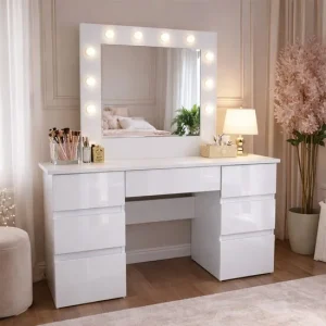 Masa de toaleta/machiaj, sertare alb lucios, cu oglinda si LED-uri, Vanessa, 130x43x143 cm