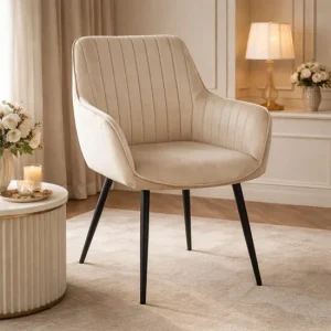 Scaun stil fotoliu bucatarie/living, Artool, Solden, catifea bej, picioare metal negru, 55x45.5x83.5 cm