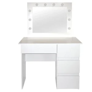 Masa de toaleta/machiaj, alba, cu oglinda si LED-uri, Nadia, 94x43x141 cm