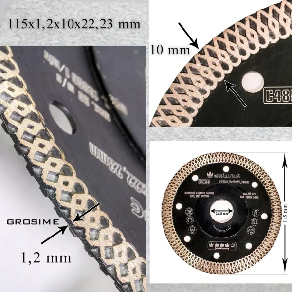 Disc diamantat turbo subtire, placi ceramice, taiere umeda si uscata, 115 mm/22.23 mm, Richmann Exclusive