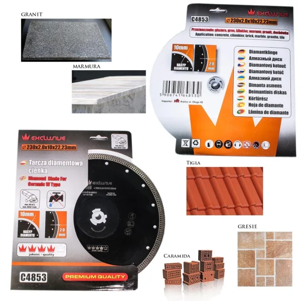 Disc diamantat turbo subtire, placi ceramice, taiere umeda si uscata, 230 mm/22.23 mm, Richmann Exclusive