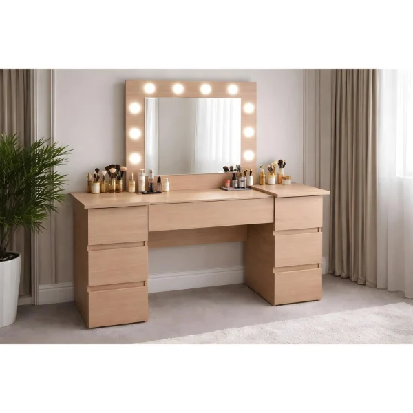 Masa de toaleta/machiaj, Antonia, stejar, cu oglinda si LED-uri, 155x42x135 cm
