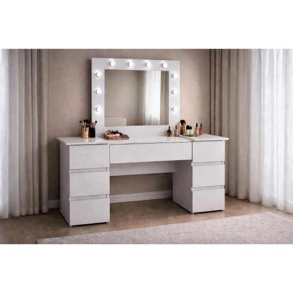 Masa de toaleta/machiaj, Antonia, gri deschis, cu oglinda si LED-uri, 155x42x135 cm