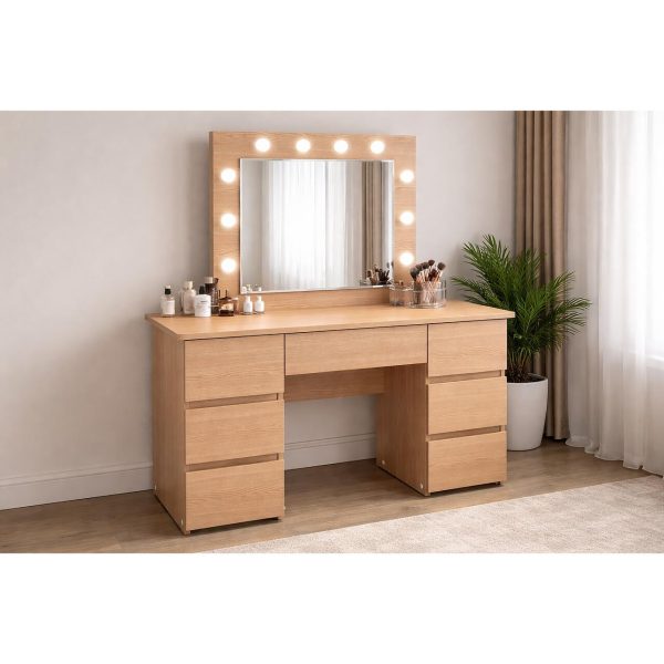 Masa de toaleta/machiaj, Vanessa, stejar, cu oglinda si LED-uri, 130x43x143 cm