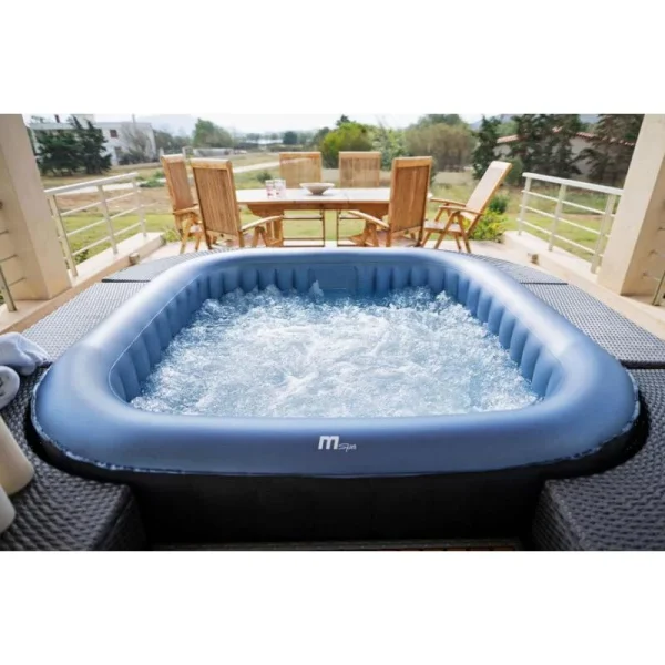 Piscina jacuzzi, gonflabila, patrata, cu pompa 1800 L/h, filtru, prelata acoperire, negru si albastru, 930 L, 6 persoane, 185x185x68 cm, MSpa